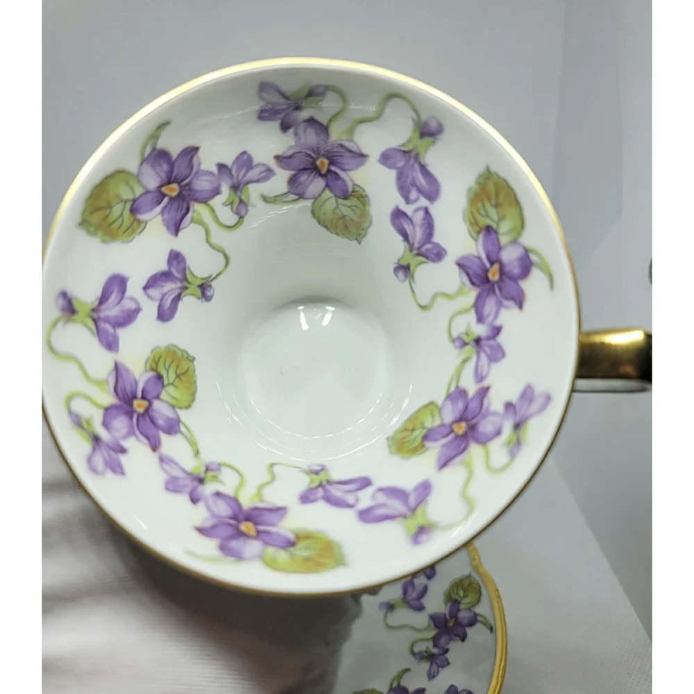 Vintage Mitterteich Bavaria Purple Violets Footed Teacup and Saucer